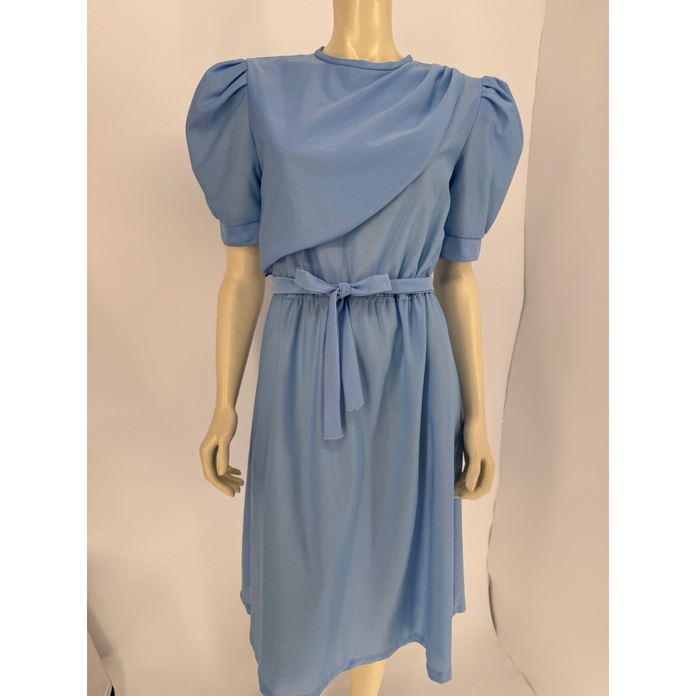 Lucky Barbara Vintage Blue Draped Puff Sleeve Midi Dress Size 14 Womens Neck Tie